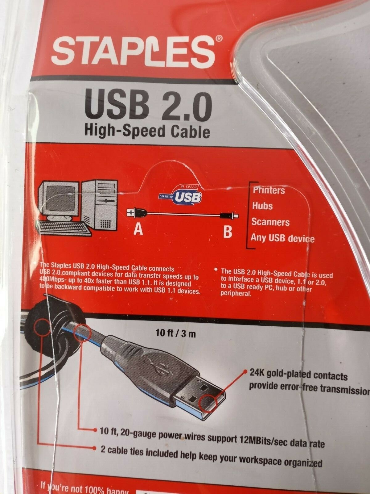 Staples USB 2.0 High Speed 10′ Cable 24 K Gold Plated Contacts New Sealed