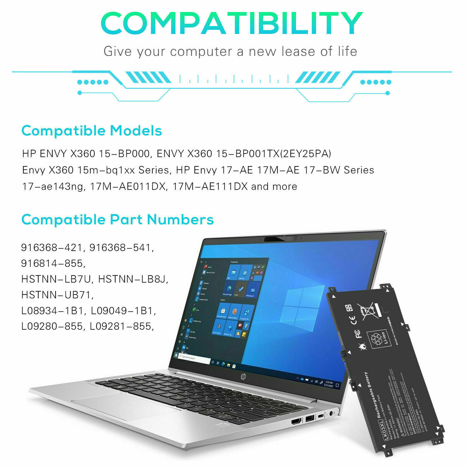 55.8Wh Battery for HP Envy x360 15M-CP Series 15M-CP0012DX 15M-CP0011DX TPN-I129