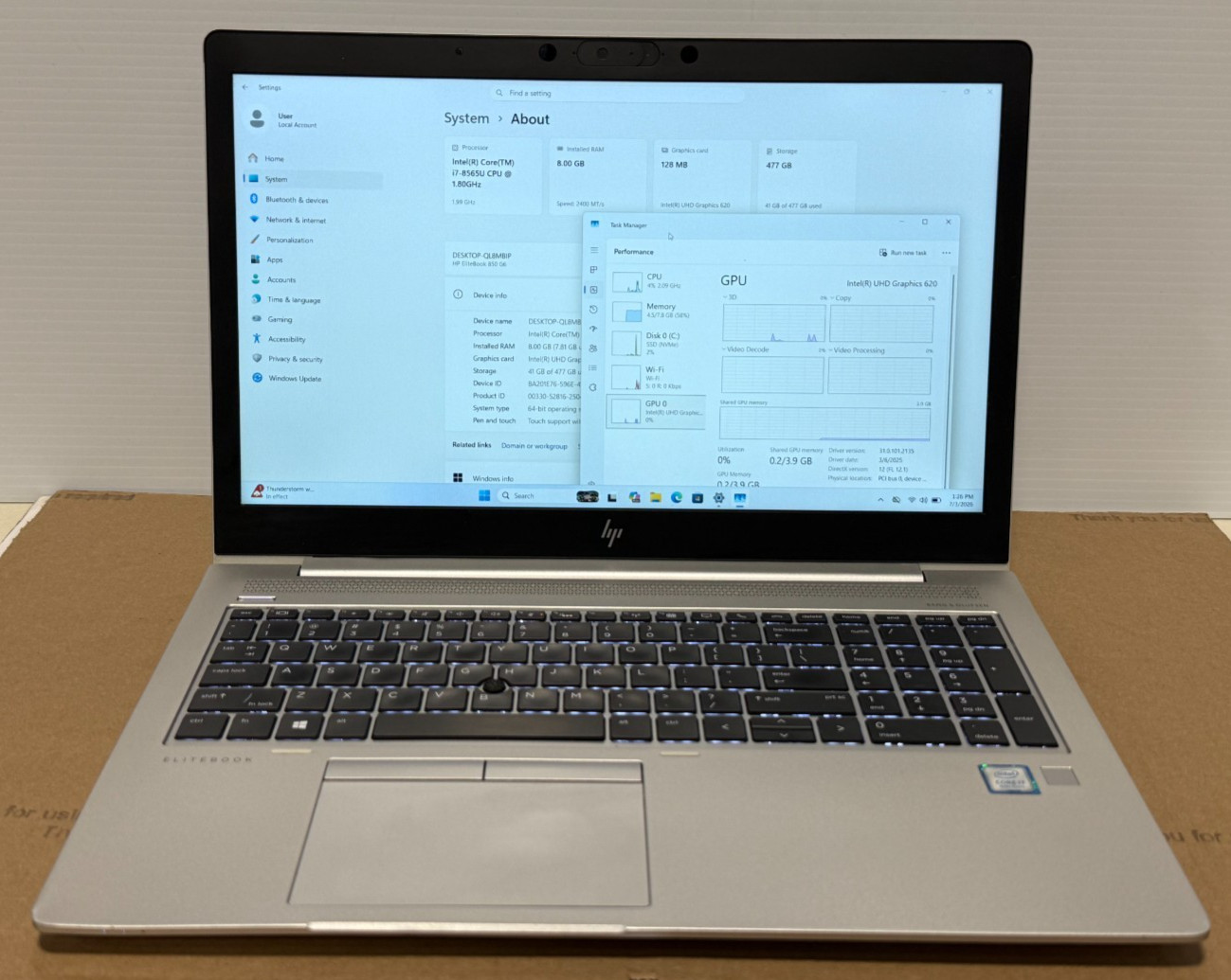 Hp EliteBook 850 G6 i7-8565U 1.80Ghz 8GB M2-512SSD win11
