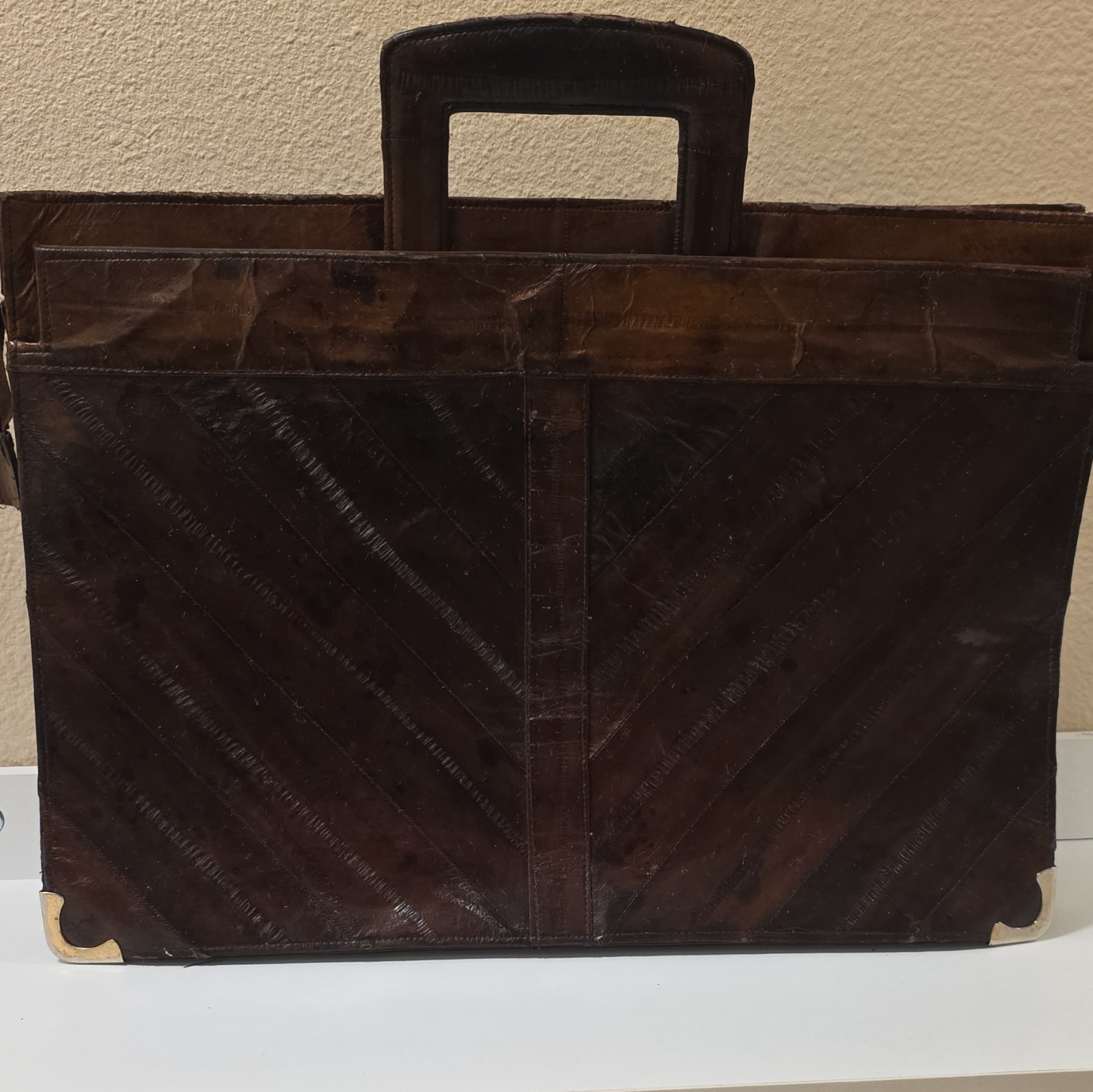 Eel Skin Brown Leather Briefcase Chevron Pattern Portfolio, Zipper Closure