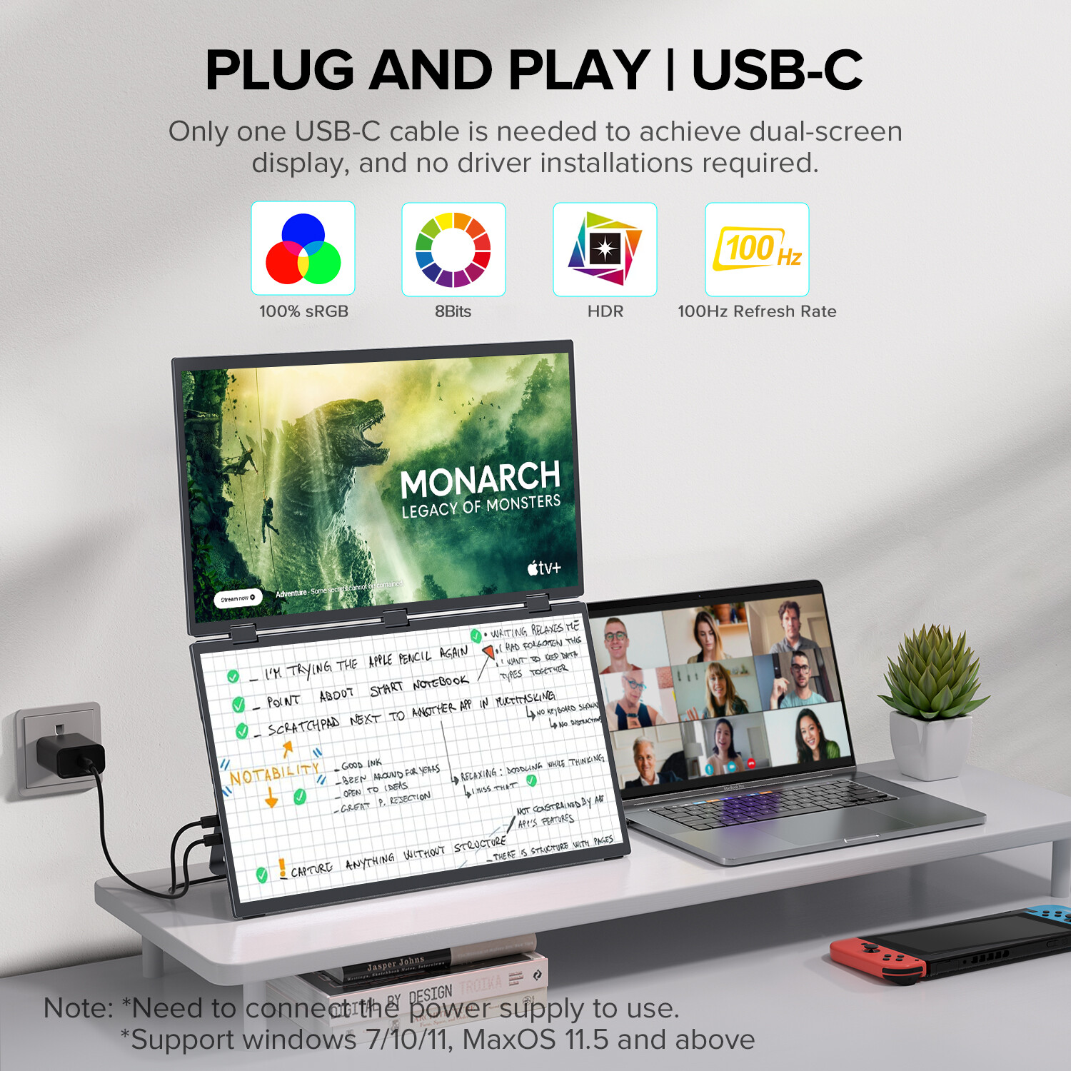 UPERFECT 18.5″ 100Hz Dual Monitor Portable Folding FHD Monitor Screen Extender
