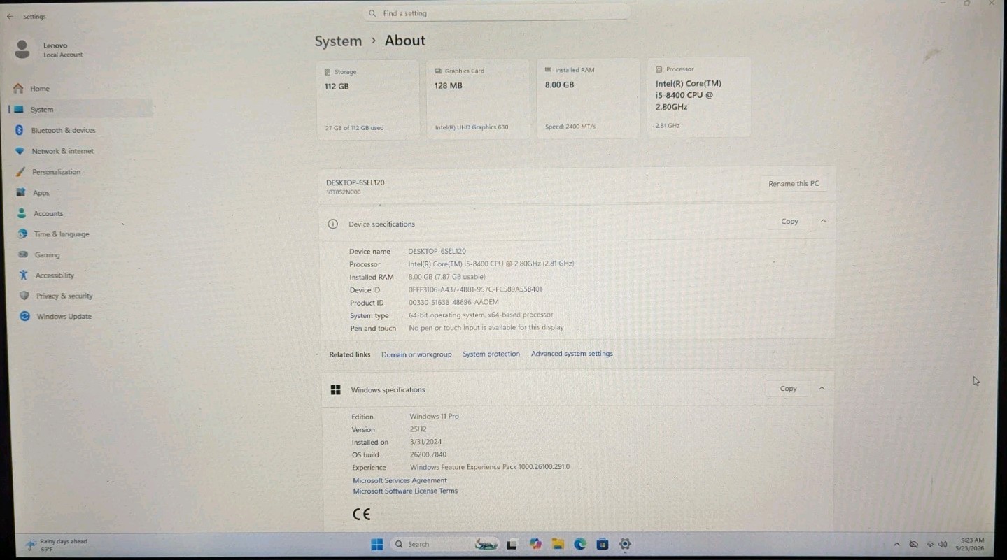 Lenovo ThinkCentre M720q Core i5-8400 2.8GHz 8GB RAM 128GB SSD Win 11 Pro