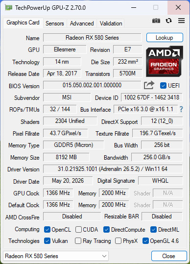 MSI RX 580 ARMOR OC 8gb (Repasted/”Refurbished”)
