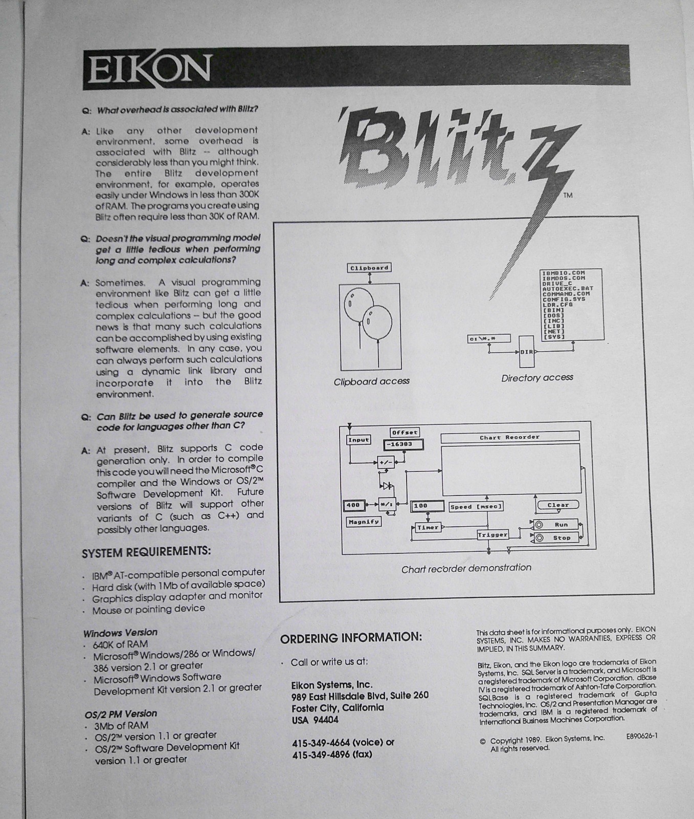 1989 Eikon Blitz brochure – Visual Programming Environment for Windows & OS/2 PM