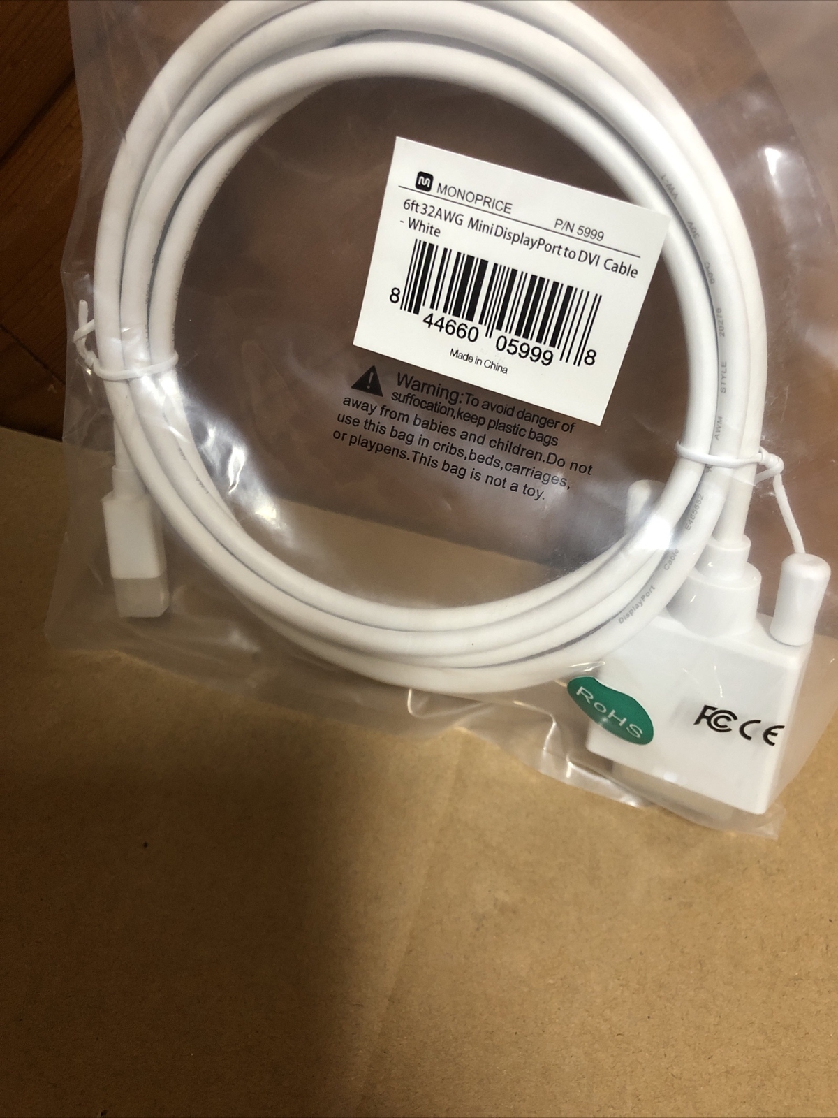 Monoprice 6ft 32AWG Mini DisplayPort to DVI Cable White New