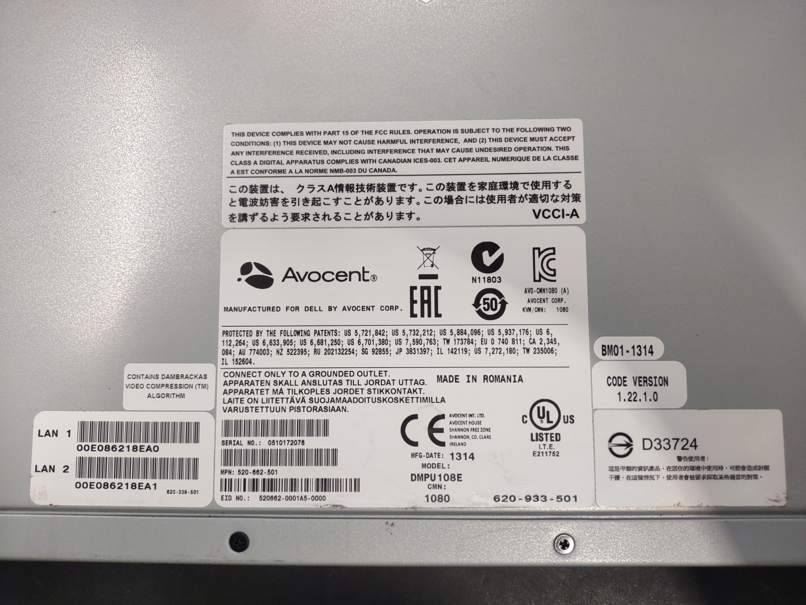 Dell Avocent MPU108E Remote Console KVM Switch