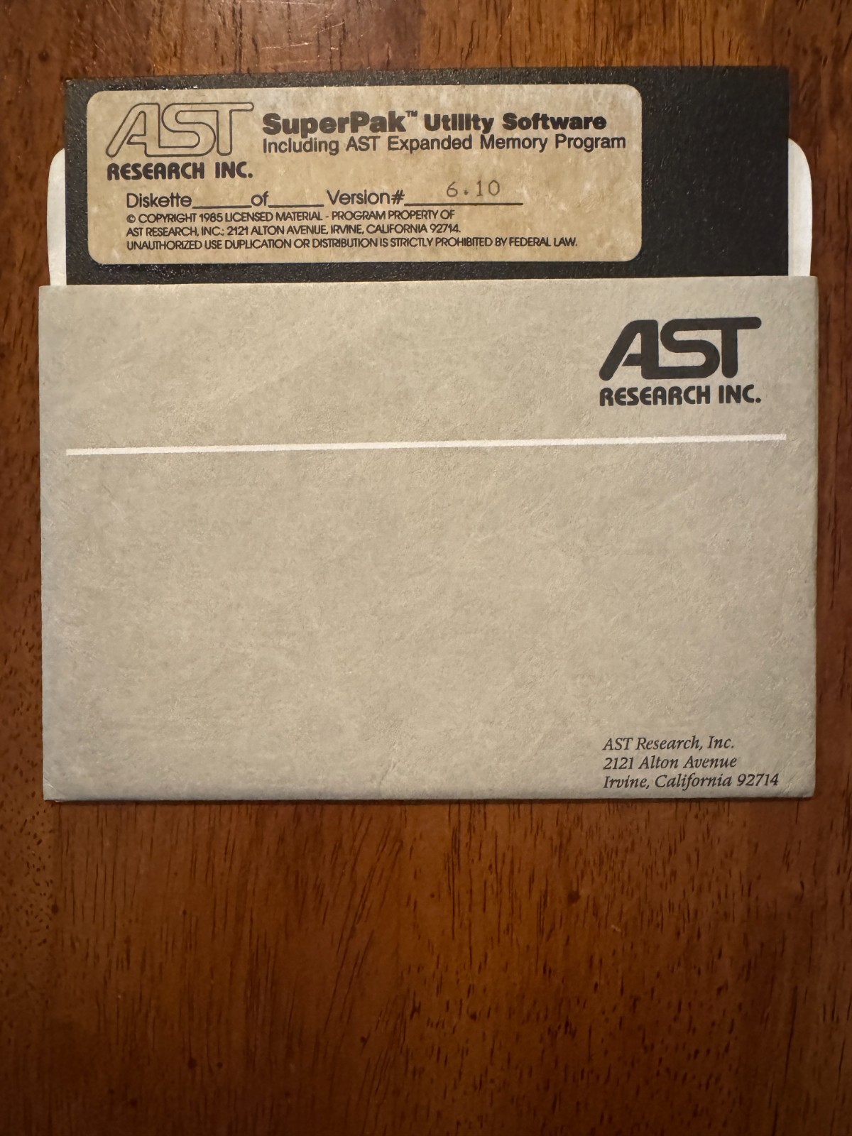 AST Research SuperPak Version 6.10 360K 5.25″ Floppy