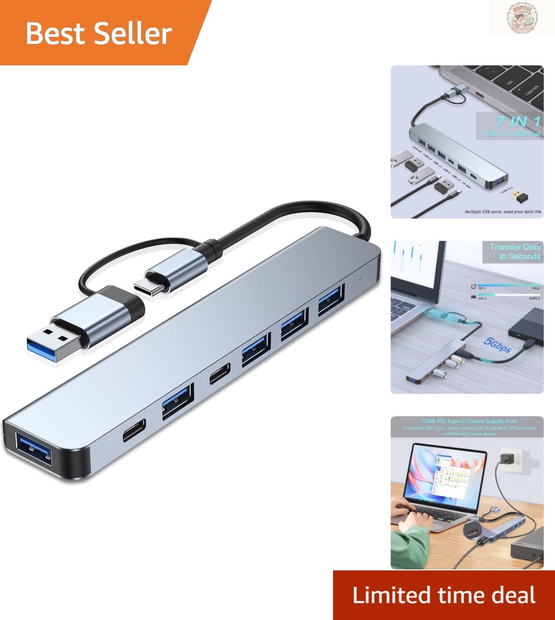 7-in-1 USB C Hub with Aluminum Finish – Perfect for Professionals & Students