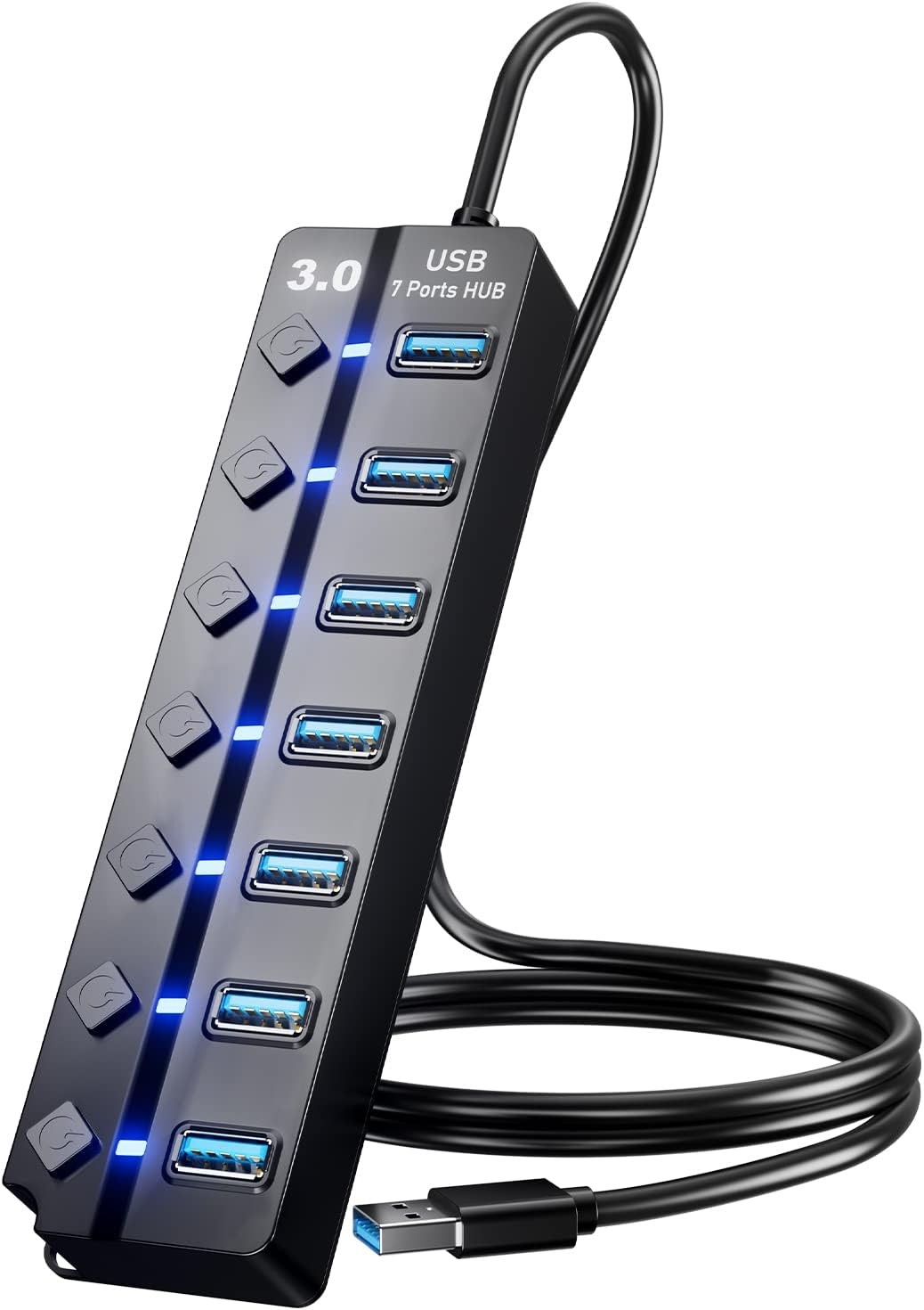 USB 3.0 Hub, PANPEO 7-Port Data Hub Splitter with 3ft Long Cable BLACK