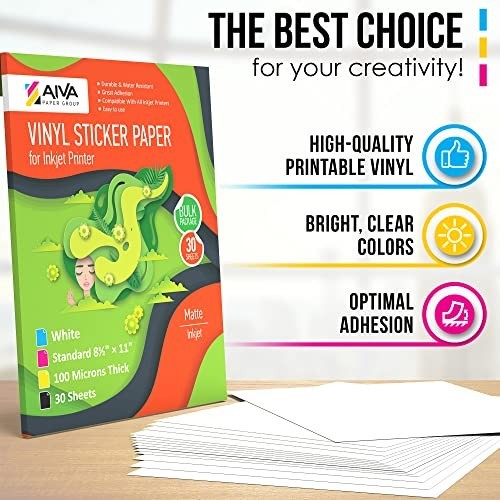 Printable Vinyl Sticker Paper 30 Sheets Matte White 8.5×11 Waterproof for