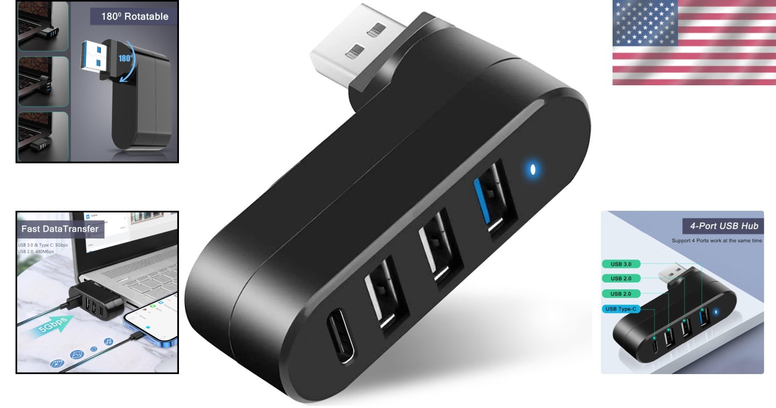 4-Port USB 3.0 Hub – Rotatable Design & 5W USB C Power Adapter for Versatility