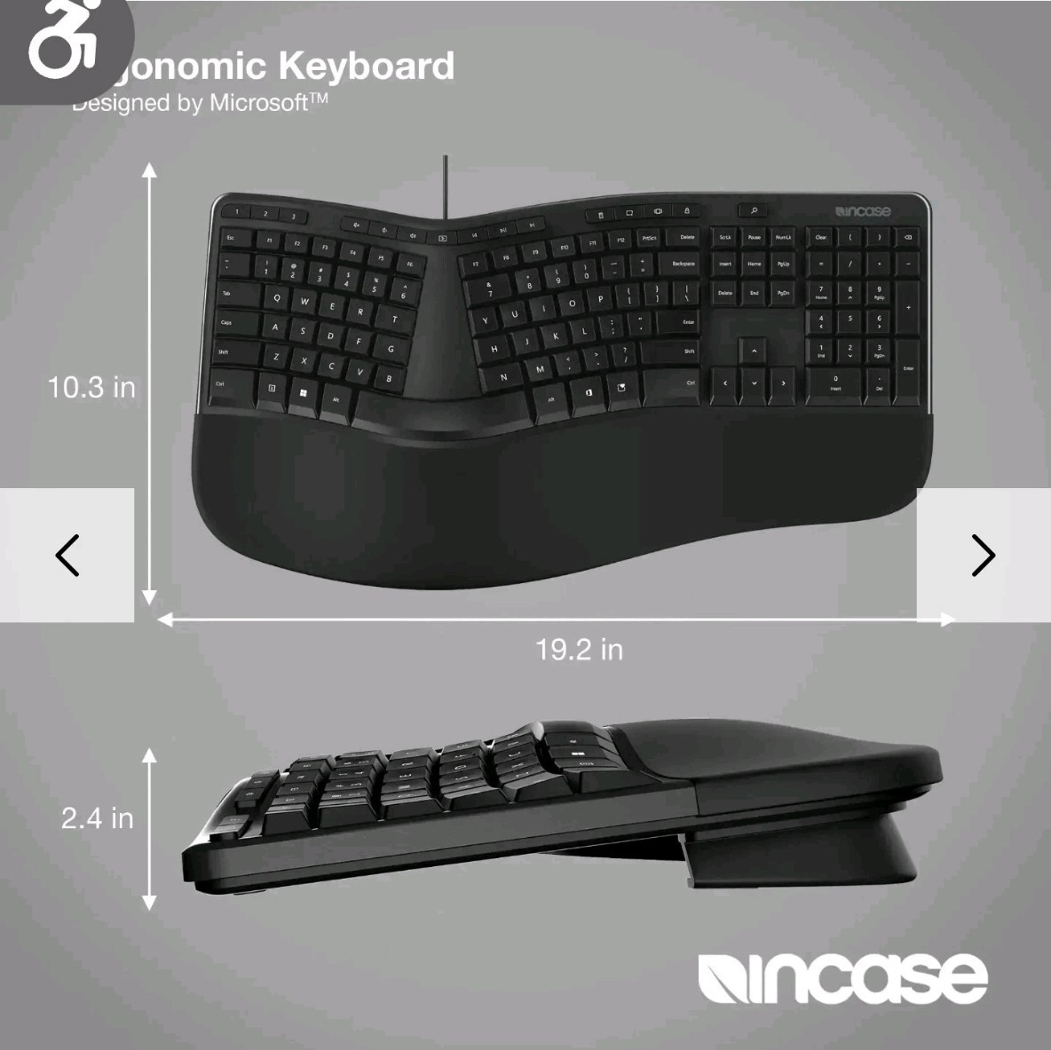 Incase Wired USB Ergonomic Keyboard, Detachable Stand, QWERTY English, Black