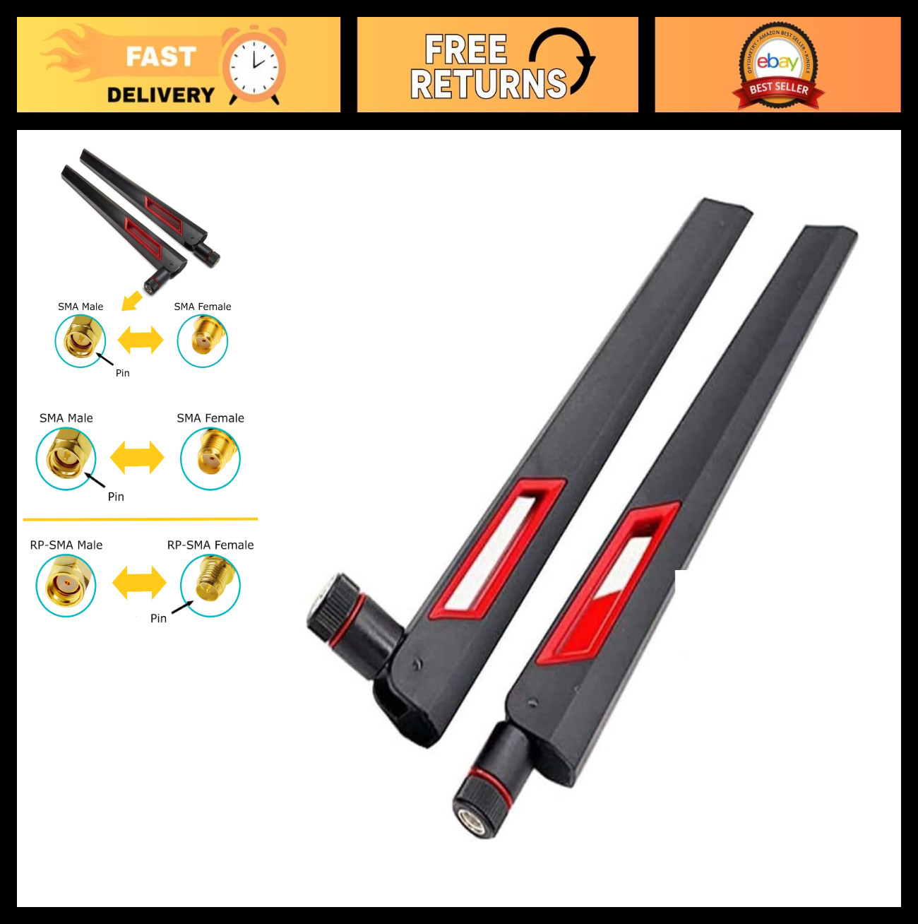 10dBi Tri-Band Adjustable WiFi Antenna Pair | SMA Male | 2.4GHz 5GHz 6GHz for SD