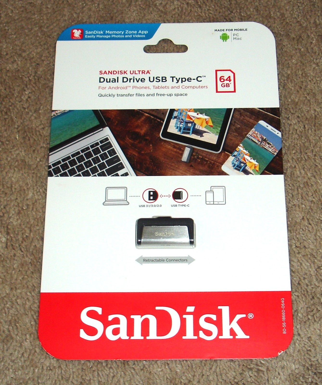 New SanDisk Ultra Dual Drive 64GB USB Type-C & USB 3.1 Flash Memory