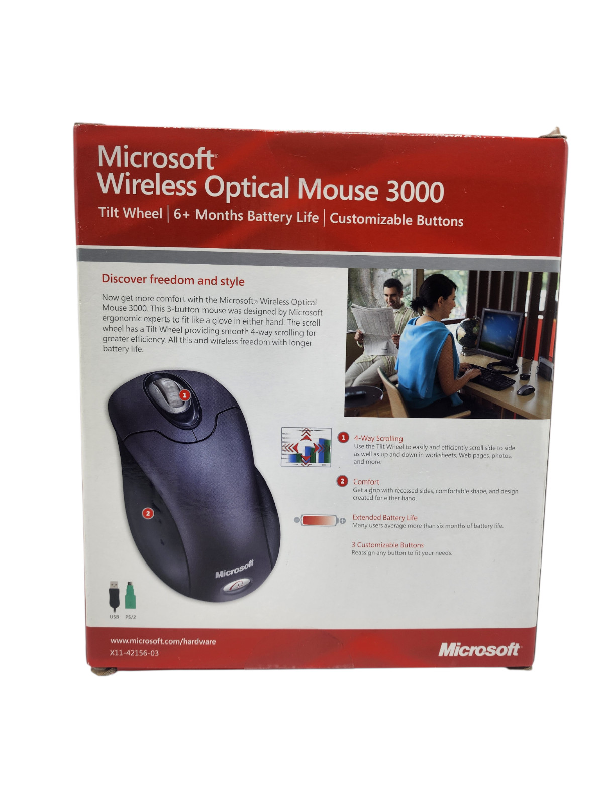 Microsoft Wireless Optical Mouse 3000 Tilt Wheel 4-Way Scrolling PC Laptop Black