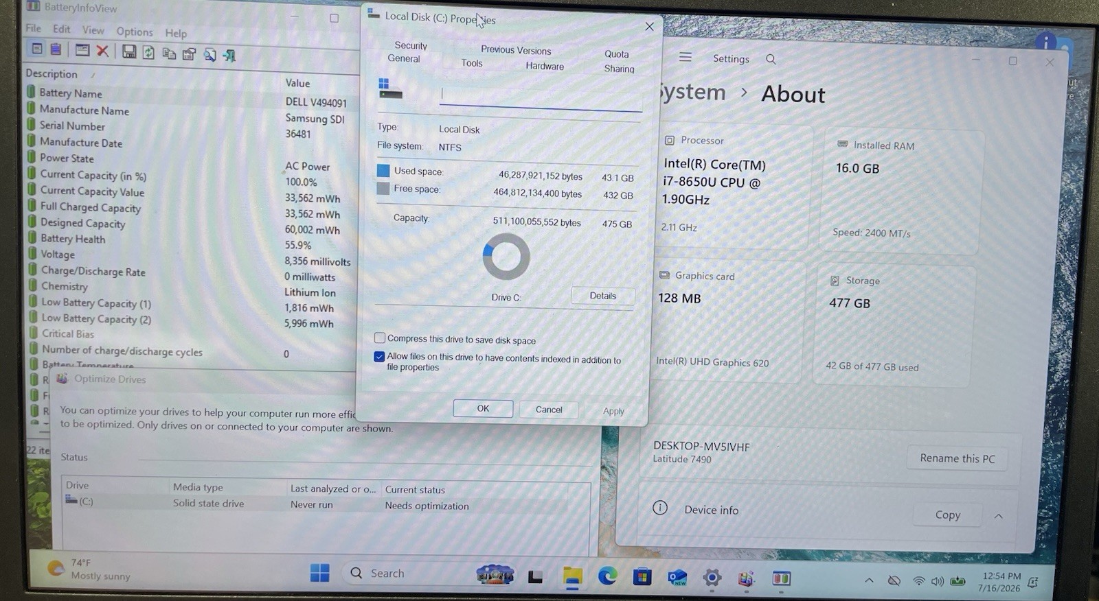 Dell Latitude 7490 Intel Core i7-8650U@1.90GHz 16GB DDR4 RAM 512GB SSD WIN 11P