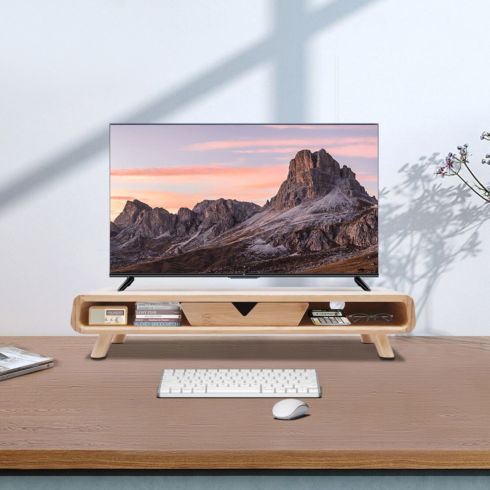 24in Bamboo Monitor Stand W/ Drawer Back Baffle Desktop Stand Riser 4.5in Height