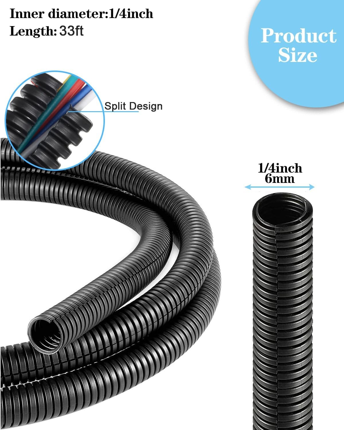 1/4″ ID Wire Loom Split Tubing 16.5 ft Cord Protector Flexible Automotive Wire
