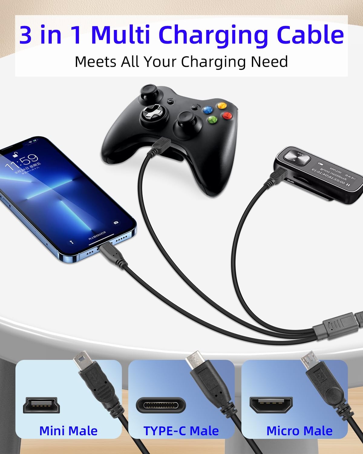 RIIEYOCA 3 in 1 USB C Splitter Charge Cable, Type C Female to Micro 1 foot