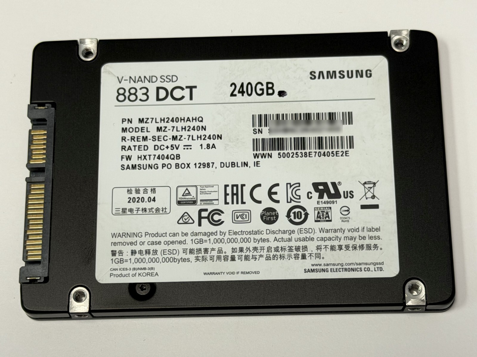Samsung 240GB V-NAND SSD 883 DCT 2.5″ Solid State Drive MZ7LH240HAHQ MZ-7LH240N