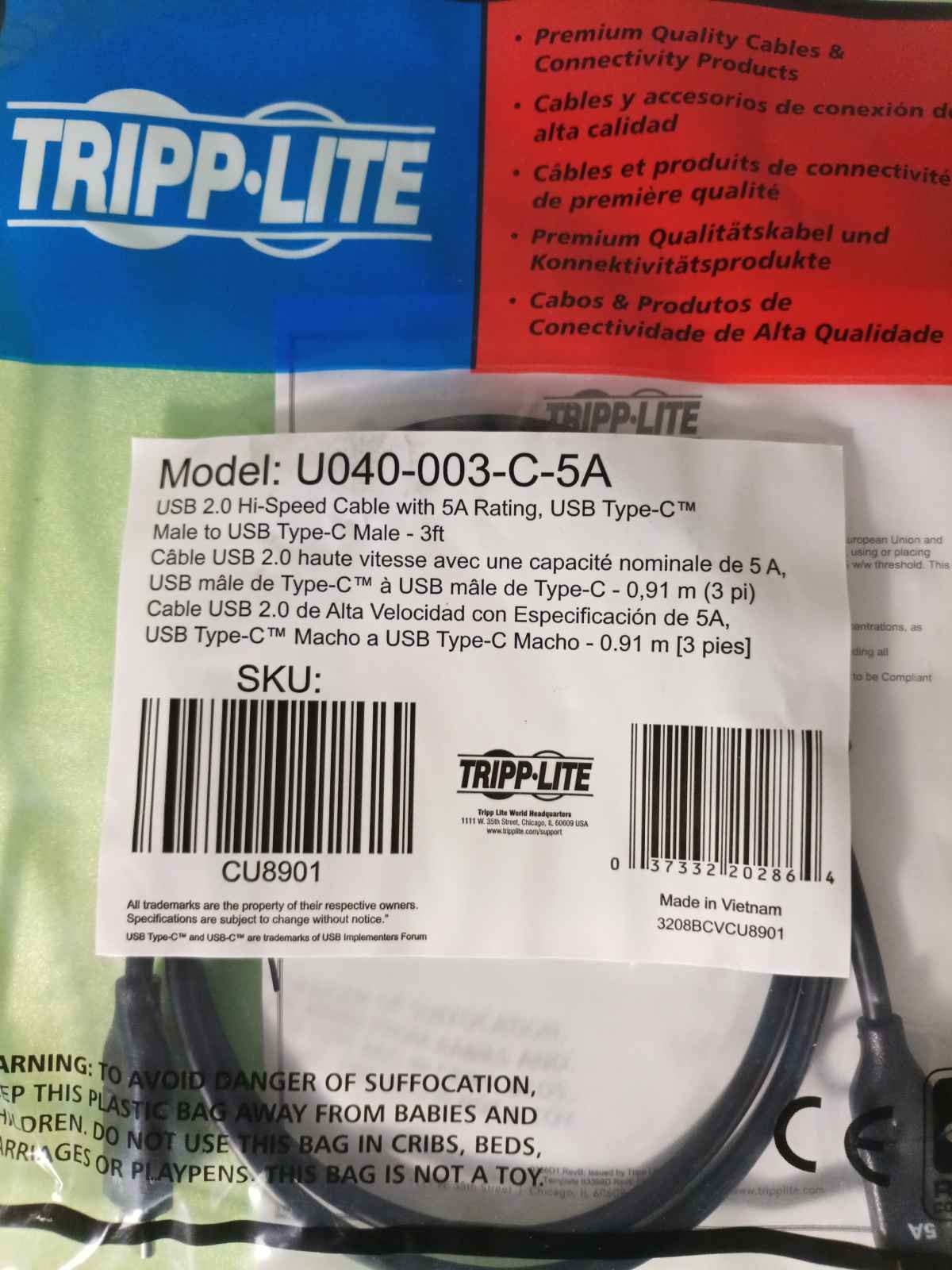 Tripp Lite USB-C to USB-C Cable 3ft USB 2.0 Hi-Speed 5A 100W M/M Black