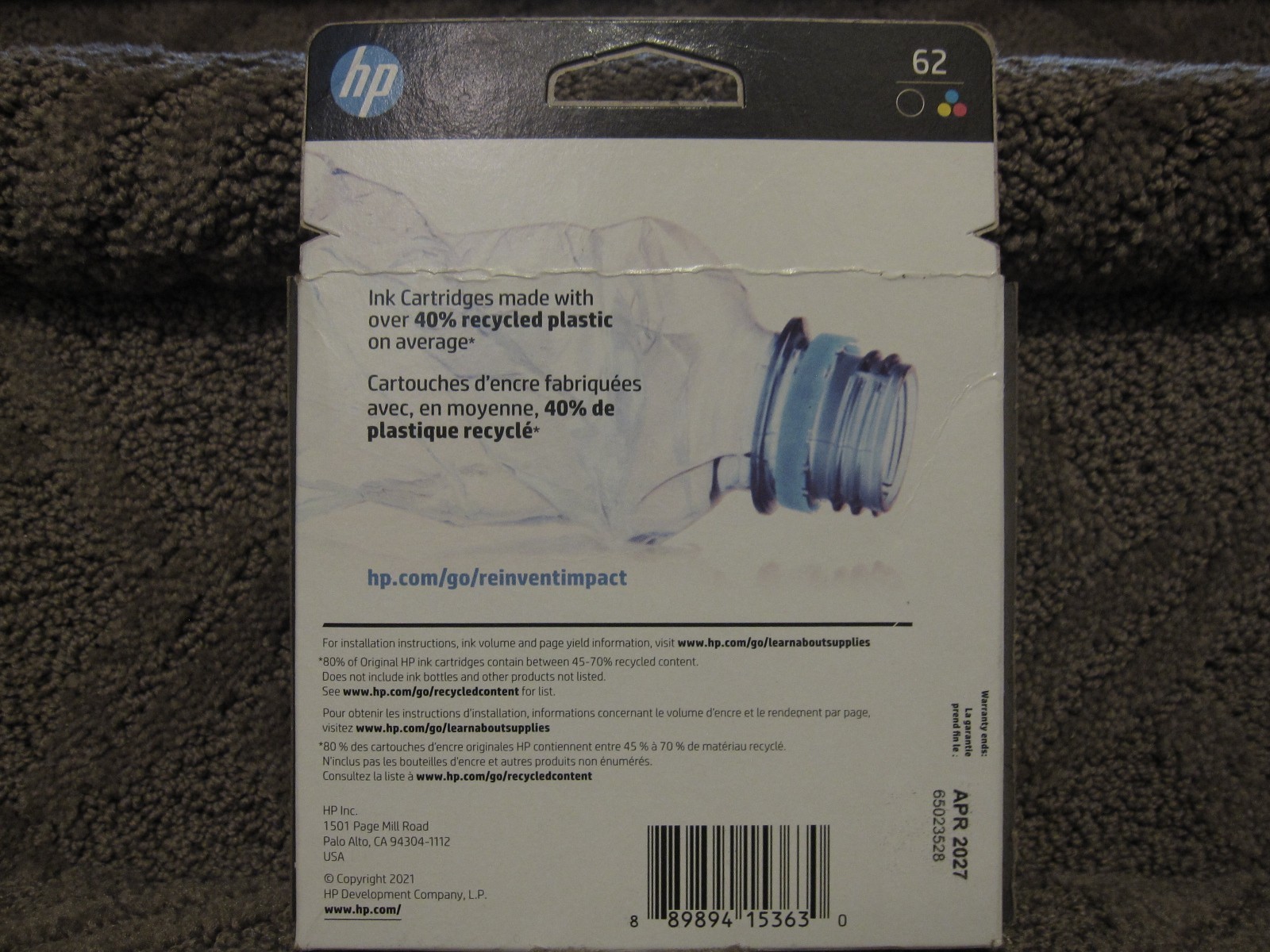 HP N9H64FN Black & Tri Color Ink Cartridge Genuine OEM NEW # 62 APR/2027
