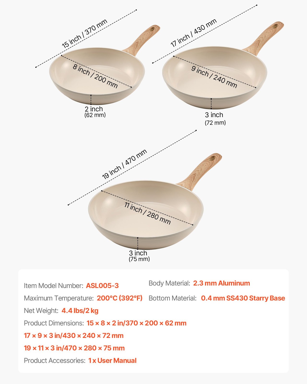 Frying Pan Skillet, Aluminum Egg Fry Pans, 3 Piece (8, 9.5, 11 in), Nonsitck Cer