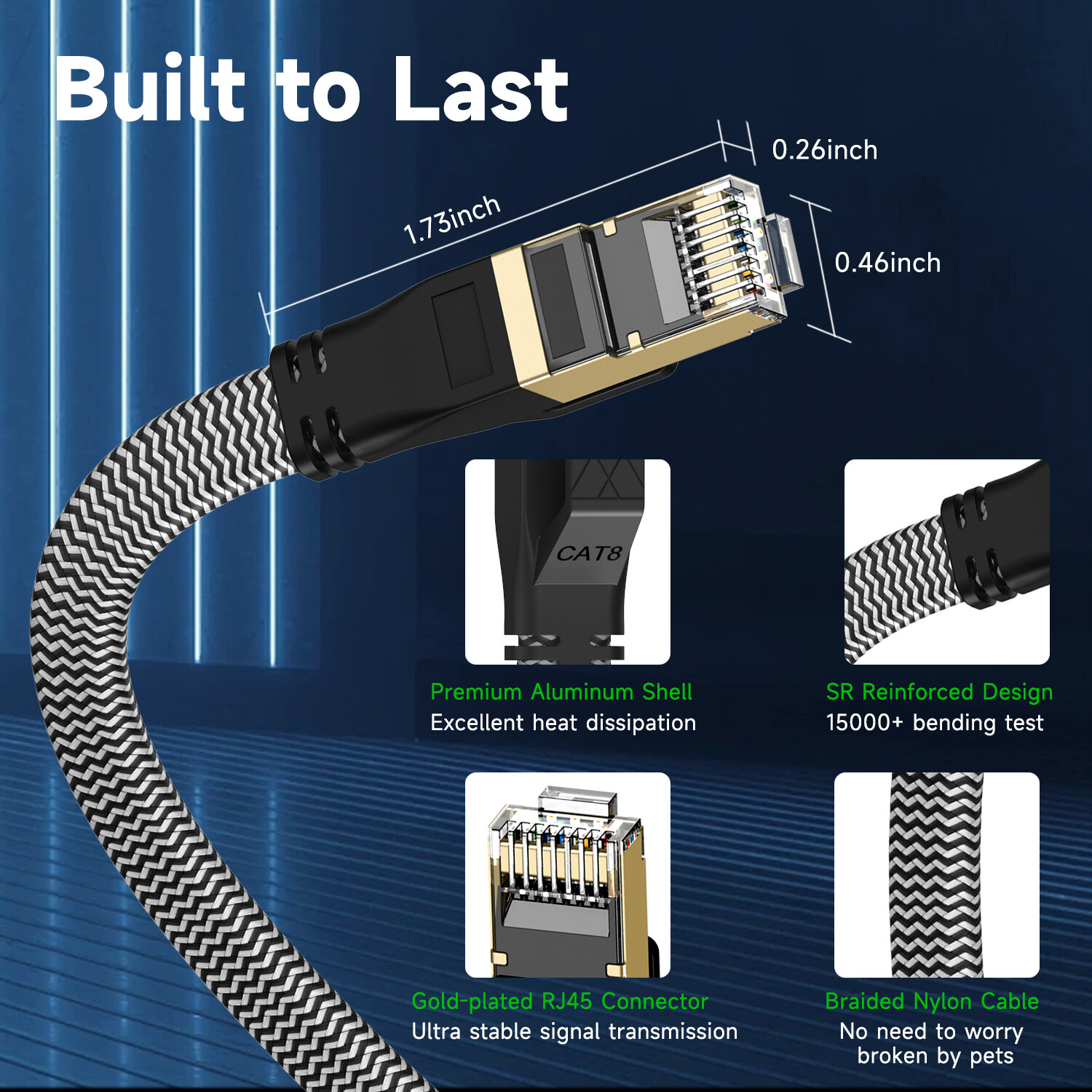 Braided 6FT-50FT Heavy Duty Cat8 Ethernet Cable 40Gbps/2000Mhz RJ45 Network Cord
