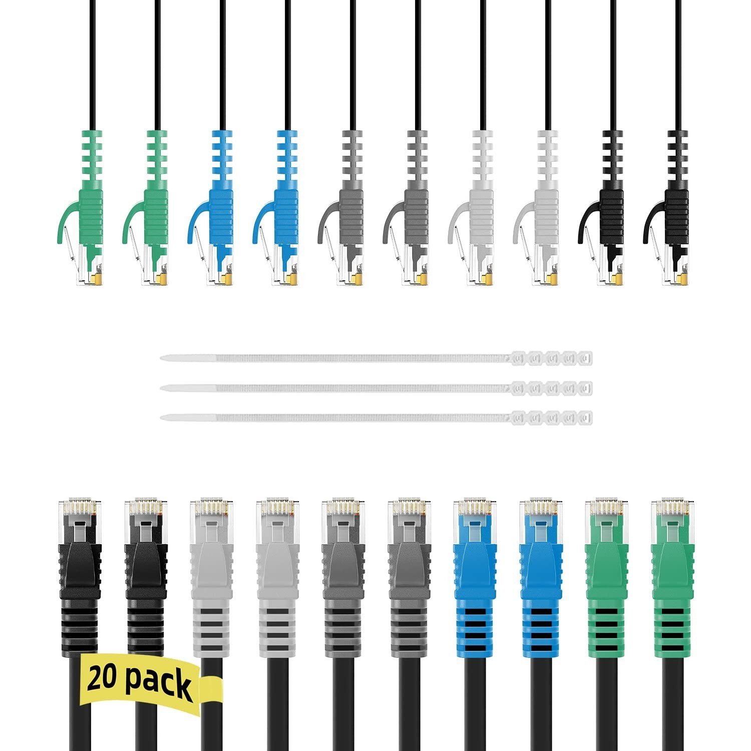 Cat6 Flat Ethernet Cable 2 Ft/20 Pack, High Speed Slim Short Patch Cables Copper