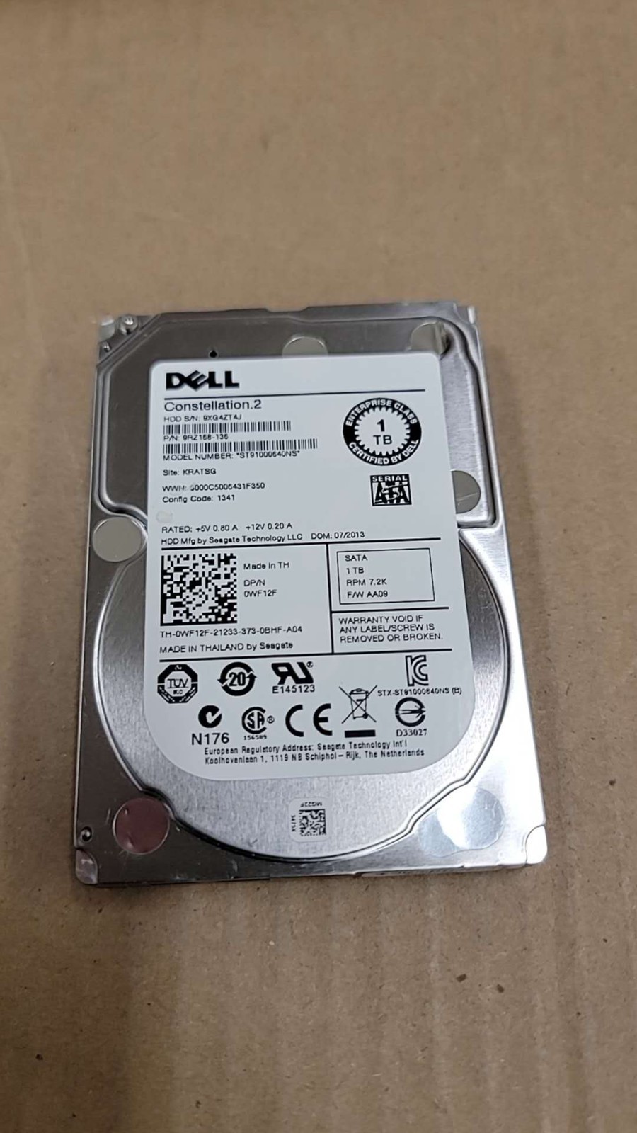 DELL 1TB 7.2K 6GBPS SATA 2.5” HDD HARD DRIVE ST91000640NS 0WF12F WF12F