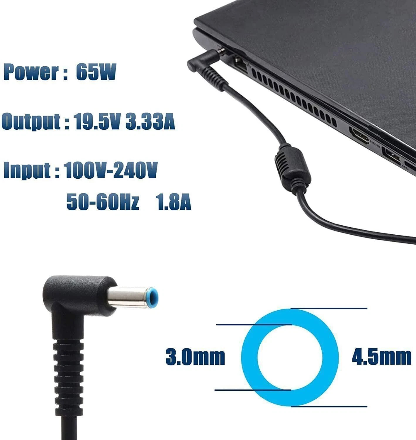 AC Input: 100-240V 50-60Hz, Output: DC 19.5V 3.33A 65W Blue Tip Laptop Charger