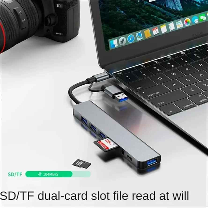 8-in-2 USB C Hub Dock SD TF Card Reader USB 3.0 Splitter Adapter for Laptop PC