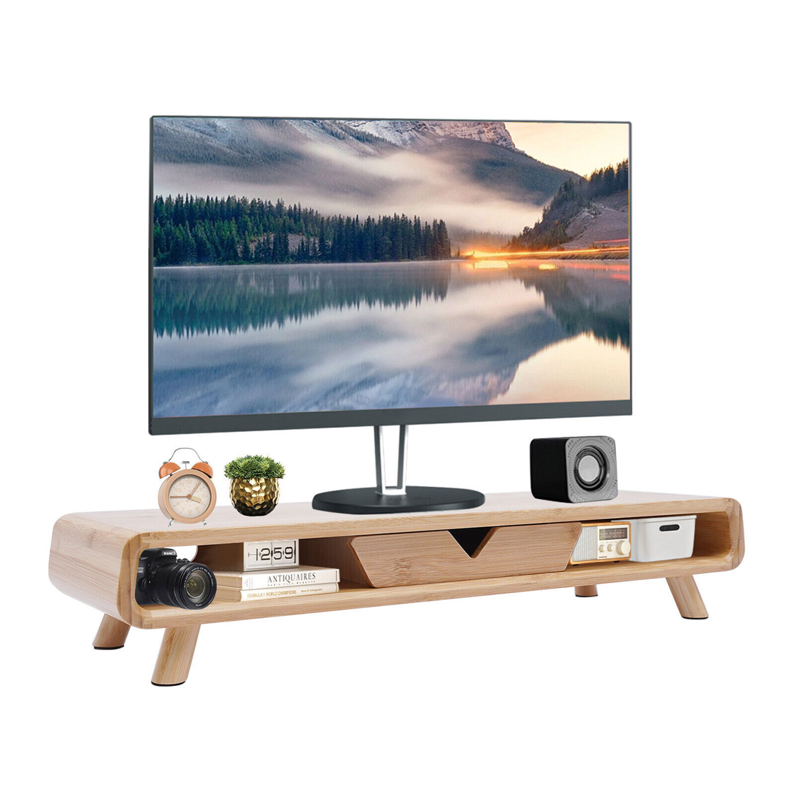 24in Bamboo Monitor Stand W/ Drawer Back Baffle Desktop Stand Riser 4.5in Height