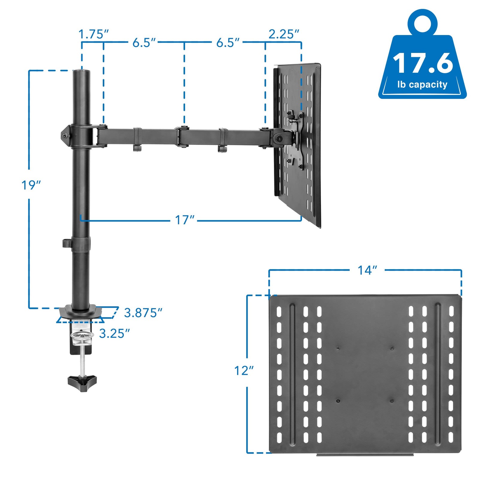 Adjustable Laptop Desk Mount Arm with Vented Tray, Fits Up to 17 Inches