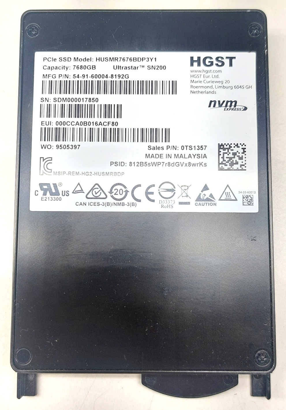 HGST Ultrastar SN200 7.68TB HUSMR7676BDP3Y1 54-91-60004-8192G PCIe NVMe SSD