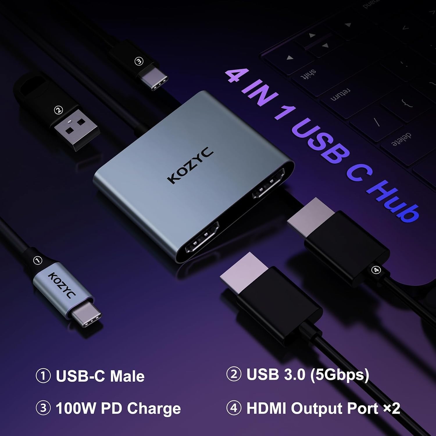 USB C to Dual HDMI Adapter 4K@30Hz, KOZYC USB C Hub Multiport Adapter with 2xHDM