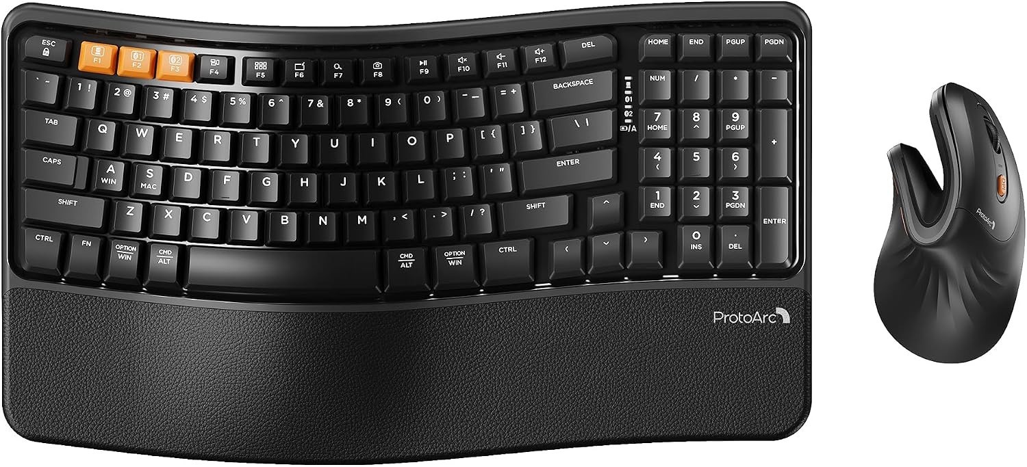 New – ProtoArc EKM02 Wave Keys Ergonomic Wireless Keyboard and Mouse (Black)