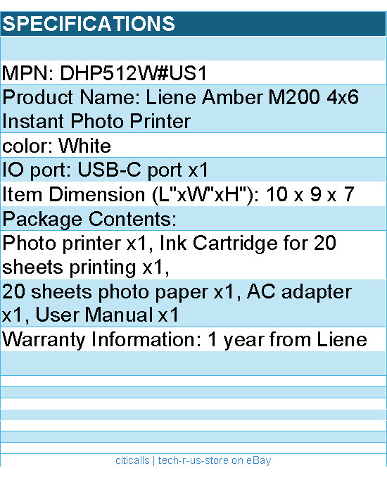 Liene DHP512W#US1 Amber M200 4×6 Instant Photo Printer w Battery White