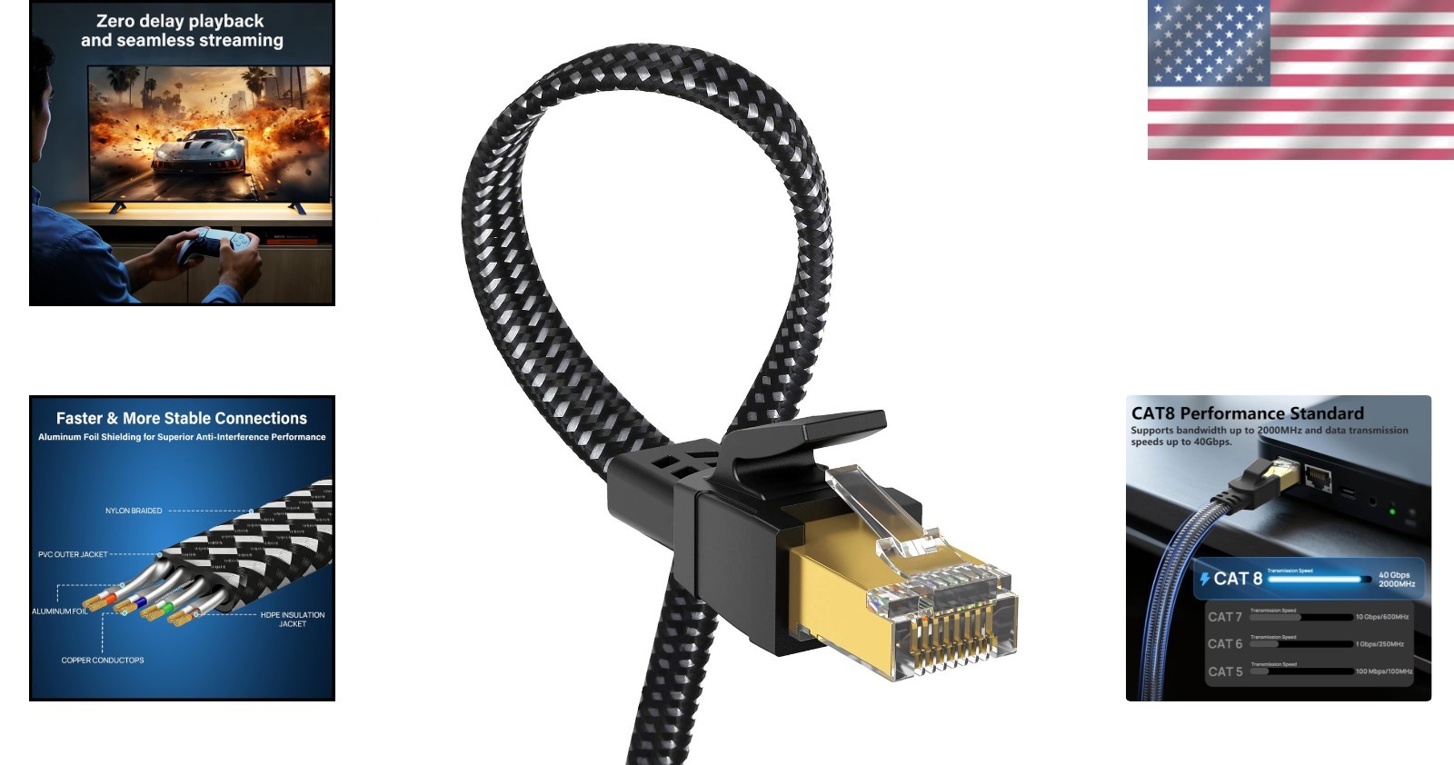 Flat 100ft Cat 8 Ethernet Cable, 2000Mhz SFTP Shielded for Ultimate Connectivity