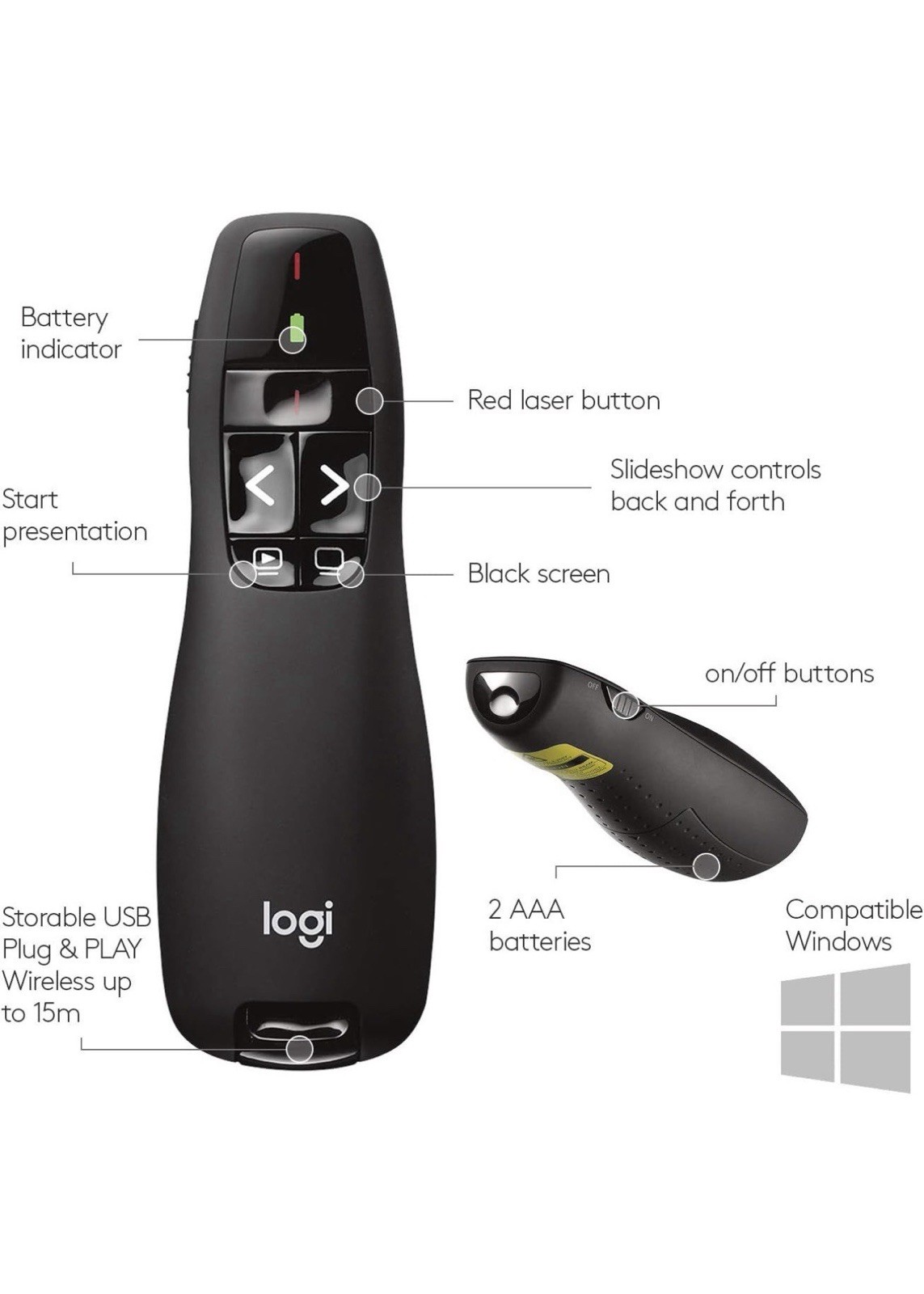 Logitech Wireless Presenter R400, USB-A PowerPoint Clicker with Laser Pointer,