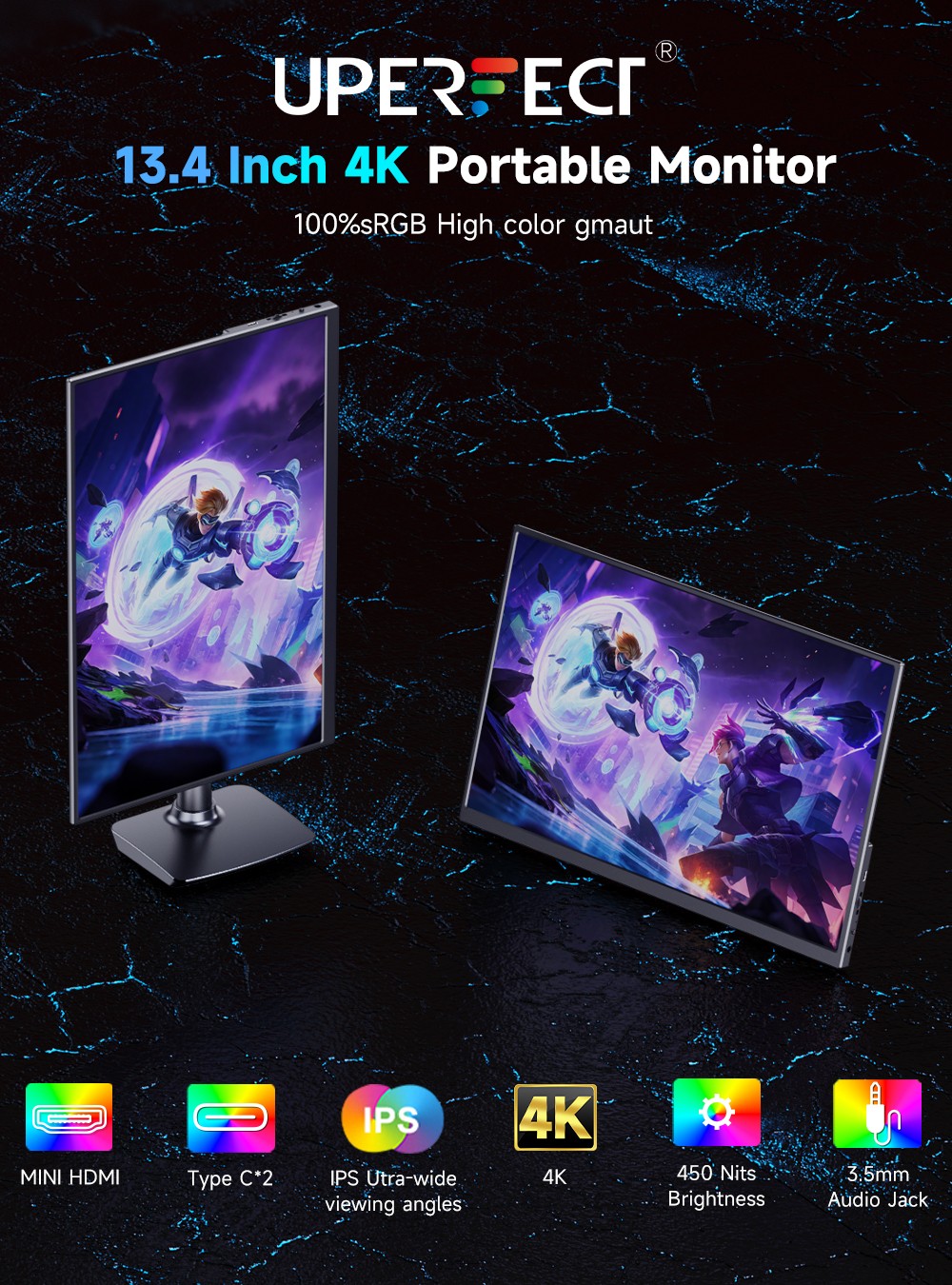 UPERFECT 13.4″ 4K 500 cd/m² Gaming Monitor PC Screen 100%sRGB UHD For DSLR PS PC