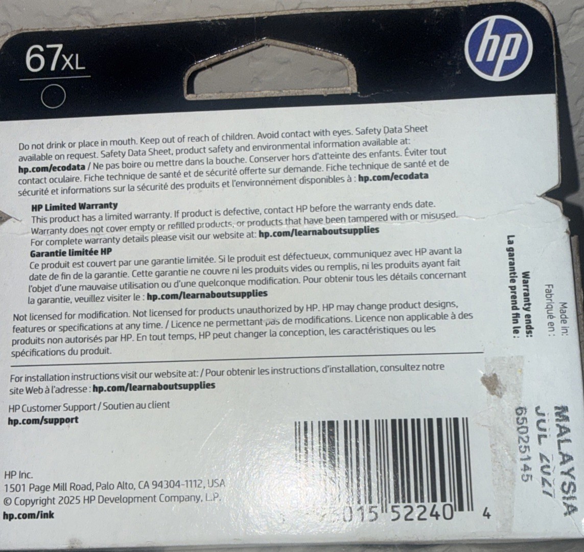 HP 67XL Black Ink Cartridge – EXP JULY 2027 New Sealed