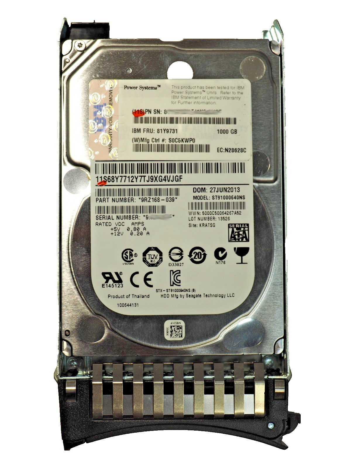 IBM 81Y9731 1TB 7.2K SATA 2.5in 6Gbps Hot-Swap HDD 9RZ168-039 w/IBM Caddy