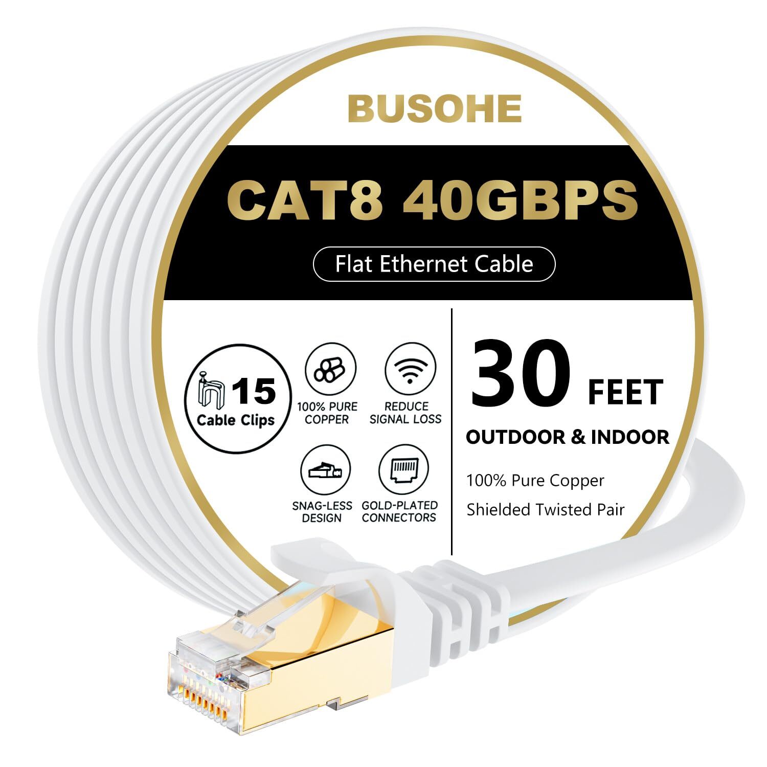 Cat 8 Ethernet Cable 30 FT 40Gbps 2000Mhz High Speed Flat Cat8 Cable Patch Co…