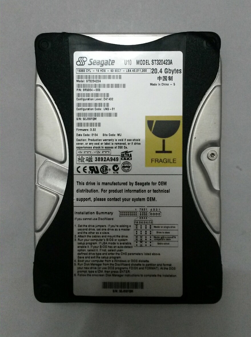 SEAGATE ST320423A 20GB IDE Hard Drive P/N:9R5004-003 F/W: 3.02 Site:WU