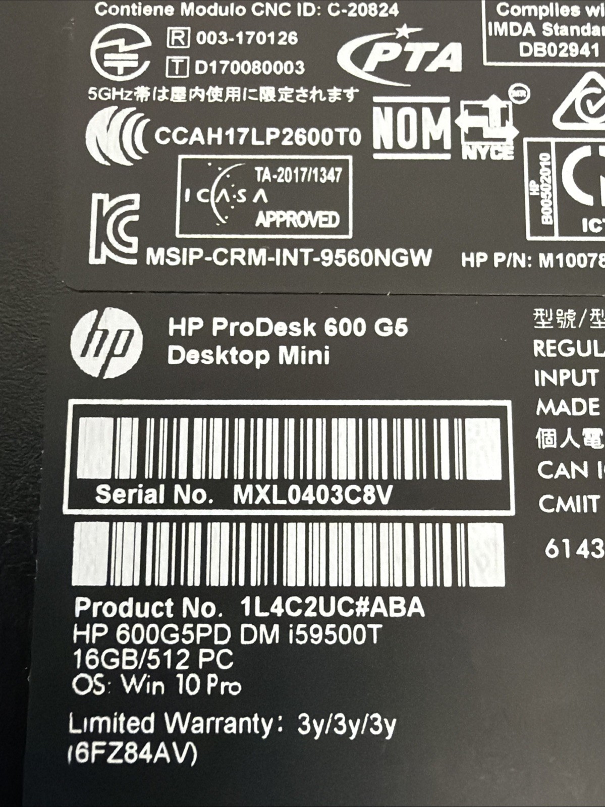 HP ProDesk 600 G5 Mini Desktop I5-9500T, 16GB RAM. No drive.