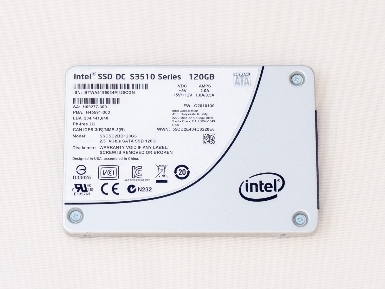 Intel DC S3510 SSDSC2BB120G6 120GB 2.5″ SATA SSD – 100% Health – Low Writes