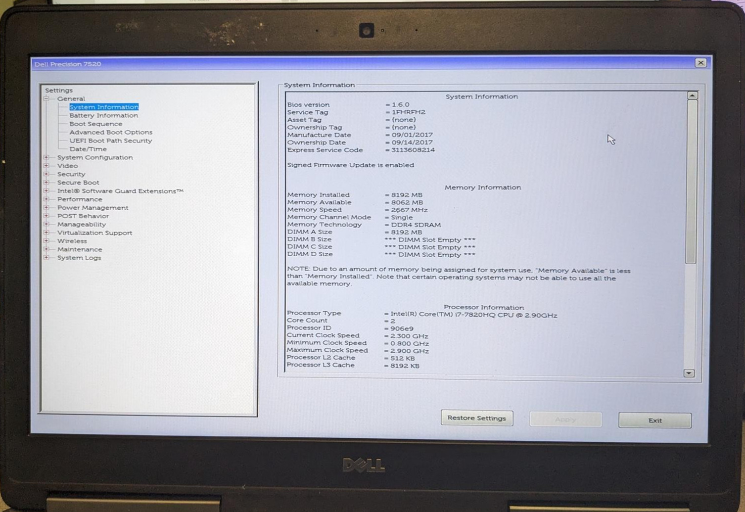 DELL PRECISION 7520 i7-7820HQ @ 2.90GHz, 8GB RAM, NO HDD/OS