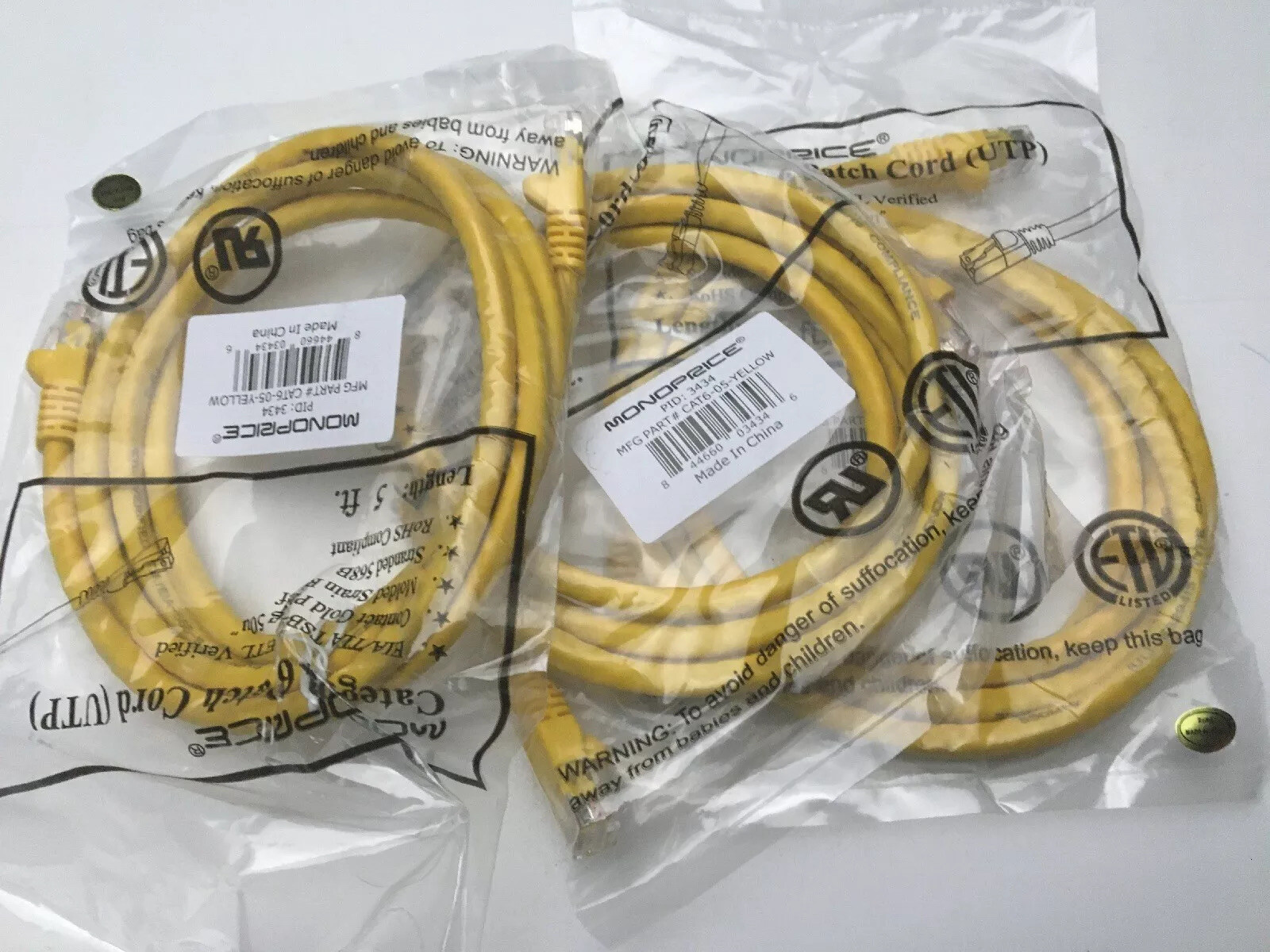 Lot 3 Cat6 Ethernet Patch Cable Network RJ45 Stranded UTP 24AWG 5ft Yellow 568b