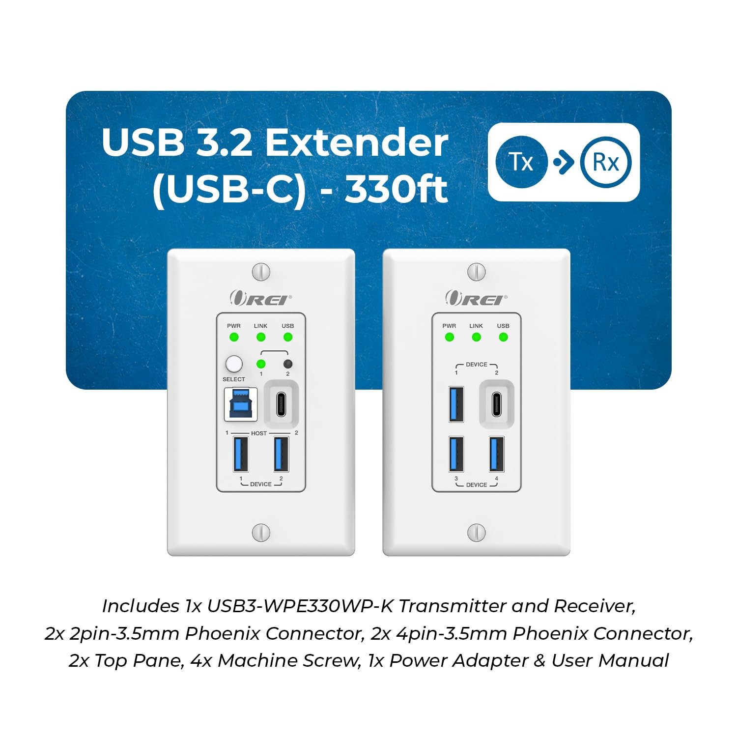 OREI USB 3.2 Wall Plate Over Ethernet Cat6 Extender 330ft Range USB3-WPE330WP-K